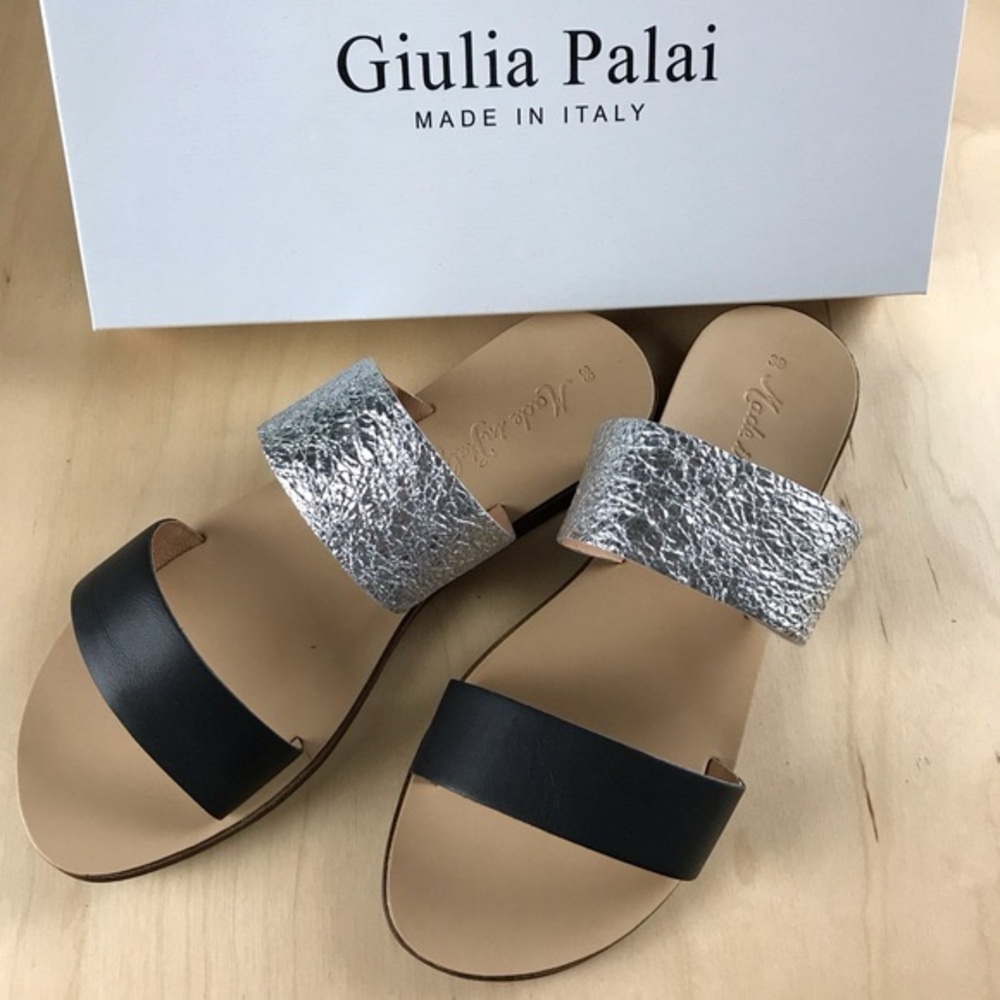 Two Strap leather slide sandals black silver NIB ITALY